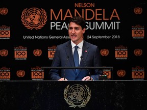 Prime Minister Justin Trudeau addresses the Nelson Mandela Peace Summit on Sept. 24, 2018, one a day before the start of the General Debate of the 73rd session of the General Assembly at the United Nations in New York.