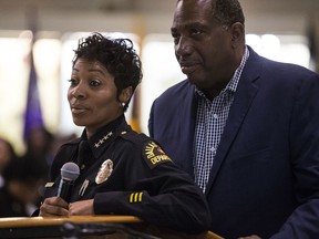 Dallas Police Chief U. Renee Hall and State Senator Royce West listen as people ask questions regarding Botham Shem Jean following an African American Leadership summit on Saturday, Sept. 8, 2018 at Paul Quinn College in Dallas. Jean was shot by a Dallas police officer in his home on Thursday night.