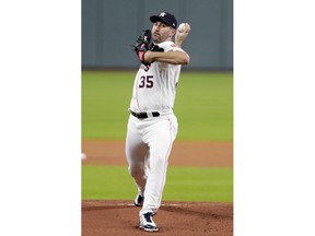 Houston Astros starting pitcher Justin Verlander (35) throws against the Los Angeles Angels during the first inning of a baseball game Saturday, Sept. 22, 2018, in Houston.