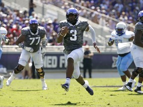 TCU quarterback Shawn Robinson (3) takes off on a 36-yard touchdown run against Southern University during the first half of an NCAA college football game, Saturday, Sept. 1, 2018, in Fort Worth, Texas.