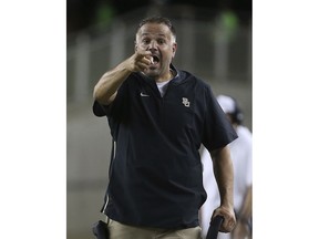 Baylor coach Matt Rhule gestures to an official during the first half of an NCAA college football game against Abilene Christian on Saturday, Sept. 1, 2018, in Waco, Texas.