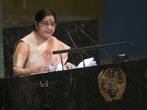 Indian Foreign Minister Sushma Swaraj addresses the 73rd session of the United Nations General Assembly,Saturday, Sept. 29, 2018 at U.N. headquarters.