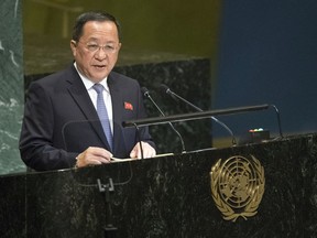 North Korean Foreign Minister Ri Yong Ho addresses the 73rd session of the United Nations General Assembly,Saturday, Sept. 29, 2018 at U.N. headquarters.