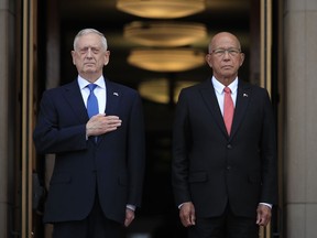 Defense Secretary Jim Mattis and Philippine Secretary of National Defense Delfin Lorenzana stand at attention during a ceremony welcoming Lorenzana to the Pentagon, Tuesday, Sept. 18, 2018.