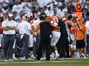 Virginia Tech quarterback Josh Jackson is injured during the 2nd half of the game against Old Dominion University Saturday, Sept. 22, 2018 at ODU, at Old Dominion.