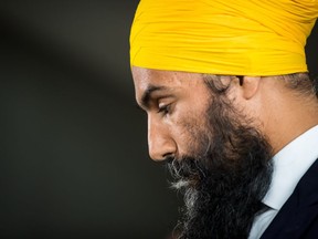 NDP Leader Jagmeet Singh listens while responding to questions after a three-day NDP caucus national strategy session in Surrey, B.C., on Thursday September 13, 2018.