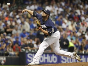 Milwaukee Brewers starting pitcher Jhoulys Chacin throws during the first inning of a baseball game against the Chicago Cubs Wednesday, Sept. 5, 2018, in Milwaukee.