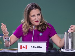 Canadian Foreign Affairs Minister Chrystia Freeland addresses the opening session of the Women Foreign Ministers meeting in Montreal on Friday, September 21, 2018.