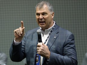 In this March 22 file photo, CFL commissioner Randy Ambrosie speaks during an event in Winnipeg.