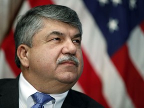 In this April 4, 2017 file photo, AFL-CIO president Richard Trumka listens at the National Press Club in Washington. Trump tweeted Monday that AFL-CIO President Richard Trumka "represented his union poorly on television this weekend." He added: "it is easy to see why unions are doing so poorly. A Dem!" Trumka appeared on "Fox News Sunday," where he said efforts to overhaul the North American Free Trade Agreement should include Canada. He also said of Trump: "the things that he's done to hurt workers outpace what he's done to help workers."