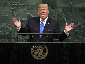 FILE - In this Sept. 19, 2017, file photo, President Donald Trump addresses the 72nd session of the United Nations General Assembly, at U.N. headquarters. As Trump prepares for his second U.N. General Assembly, the Olympics of international diplomacy, his administration has turned unabashedly and profoundly inward, pursuing ever more unilateral policies in what critics argue is a great retreat from global engagement that had been a bipartisan hallmark of previous U.S. leaders.