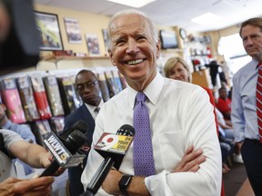 FILE - In this June 29, 2018, file photo, former Vice President Joe Biden speaks to the media in Cincinnati.  Biden is convinced he can beat President Donald Trump, friends and advisers say, and he has given himself until January to deliberate and size up potential competition for the Democratic nomination, according to people who have spoken to the former vice president about his decision making.