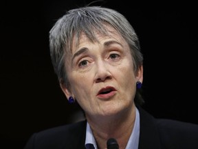 FILE - In this Dec. 6, 2017, file photo, Air Force Secretary Heather Wilson is testifies during a Senate Judiciary Committee hearing on Capitol Hill in Washington. An internal Air Force document, written by Wilson, says President Donald Trump's planned creation of a Space Force could cost nearly $13 billion in its first five years.