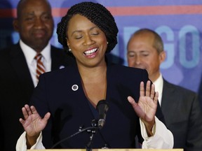 In this Sept. 5, 2018, photo, Ayanna Pressley, who won the 7th Congressional District Democratic primary Tuesday, speaks at a Massachusetts Democratic Party unity event in Boston. When Pressley topped a 10-term congressman in a Massachusetts district once represented by John Fitzgerald Kennedy, she became the latest face of a burgeoning movement of the grassroots left. That movement is reshaping a Democratic Party still searching for leaders and identity in the era of Donald Trump.