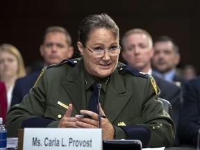 FILE - In this July 31, 2018, file photo, then-Customs and Border Protection U.S. Border Patrol Acting Chief Carla Provost takes questions as the Senate Judiciary Committee holds a hearing on the Trump administration's policies on immigration enforcement and family reunification efforts, on Capitol Hill in Washington. For the first time in the 94-year history of the U.S. Border Patrol, a woman is in charge. Provost was named to the position in August 2018 after serving as acting chief since April 2017