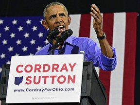 In this Sept. 13, 2018, photo, former President Barack Obama speaks as he campaigns in support of Ohio gubernatorial candidate Richard Cordray in Cleveland.