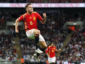 Spain's Saul Niguez celebrates after scoring his side's first goal during the UEFA Nations League soccer match between England and Spain at Wembley stadium in London, Saturday Sept. 8, 2018.