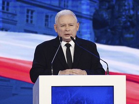 Jaroslaw Kaczynski, leader of the ruling Law and Justice party (PiS) speaks during his party's electoral convention ahead of the Oct.21 local elections, in Warsaw, Poland, Sunday, Sept. 2, 2018. The leader of Poland's conservative political party, whose policies have led to clashes with European Union leaders, says he wants the country to be like western EU nations "in every respect" over the next two decades.