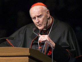FILE - In this March 4, 2015, file photo, Cardinal Theodore Edgar McCarrick speaks during a memorial service in South Bend, Ind. On Friday, Sept. 28, 2018, Roman Catholic Church officials confirmed that the disgraced ex-cardinal who was removed from ministry amid allegations of sexual abuse has moved to a friary in remote western Kansas that is near an elementary school.