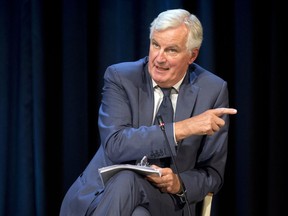 The European Union's Brexit negotiator Michel Barnier speaks at the Bled Strategic Forum in Bled, Slovenia, Monday, Sept. 10, 2018. Bernier said that it was "realistic" to expect a divorce deal with Britain by early November 2018.