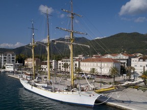 In this Sept. 6, 2018 photo, the training vessel 'Jadran' is moored in the port of Tivat, Montenegro. Montenegro and Croatia have resolved almost all of their differences more than two decades after fighting a war, except for one: an 85-year-old former Royal Yugoslav Navy training ship. The majestic sailing vessel called Jadran, or the Adriatic, is currently part of the Montenegrin naval fleet based in the port of Tivat. Croatia is demanding the return of the tall ship, which Montenegro adamantly refuses to do.