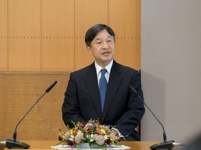 In this photo released by the Imperial Household Agency of Japan, Japan's Crown Prince Naruhito attends a news conference ahead of his visit to France, at his Togu Palace in Tokyo, Wednesday, Sept. 5, 2018.