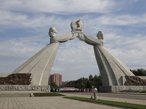 This Tuesday, Sept. 11, 2018, photo shows the Arch of Reunification, a monument to symbolize the hope for eventual reunification of the two Koreas, in Pyongyang, North Korea. While Pyongyang's talks with Washington over the future of Kim Jong Un's nuclear arsenal have bogged down, South Korean President Moon Jae-in is pushing hard to link the roads and railways of the two Koreas and to help improve the North's often decrepit infrastructure.