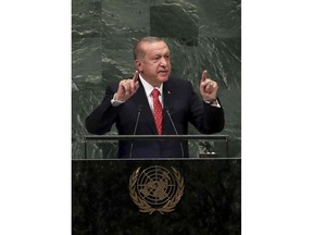 Turkey's President Recep Tayyip Erdogan addresses the 73rd session of the United Nations General Assembly, at U.N. headquarters, Tuesday, Sept. 25, 2018. (Presidential Press Service via AP, Pool)