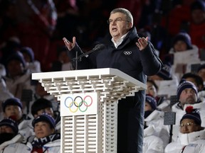 FILE - In this Friday, Feb. 9, 2018 file photo, IOC president Thomas Bach speaks during the opening ceremony of the 2018 Winter Olympics in Pyeongchang, South Korea. Bach said in Jakarta, Saturday, Sept. 1, 2018, that he isn't certain if, or when, esports might be incorporated into the Olympic Games.