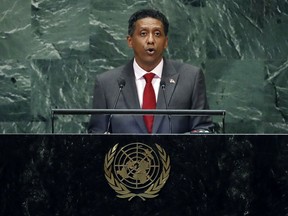 Seychelles President Danny Faure addresses the 73rd session of the United Nations General Assembly, at U.N. headquarters, Tuesday, Sept. 25, 2018.