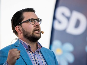 The party leader of the far-right Sweden Democrats, Jimmie Akesson, gives a speech during a campaign meeting in Stockholm, Sweden September 8, 2018.