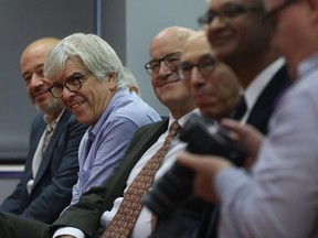 New York University professor Paul Romer (second from left) attends a news conference after being named a winner of the 2018 Nobel Memorial Prize in Economics with professor William D. Nordhaus of Yale University on October 8, 2018 in New York City.