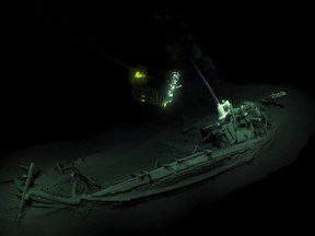 An undated handout picture released by Black Sea MAP/EEF Expeditions in London on October 23, 2018, shows the remains of an ancient Greek trading ship laying on the sea bed at the bottom of the Black Sea near Bulgaria.