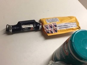 This Image obtained by CNN shows a suspected explosive device received at the CNN bureau in New York City on October 24, 2018. The device was addressed to former CIA Director John Brennan.