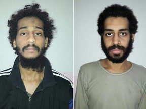 This combination of pictures created on February 11, 2018 from two handout images provided by the Syrian Democratic Forces (SDF) on February 10, 2018 shows captured British ISIL fighters El Shafee el-Sheikh (L) and Alexanda Kotey (R), posing for mugshots in an undisclosed location.
