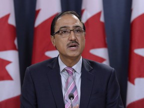 Natural Resources Minister Amarjeet Sohi addresses a news conference in Ottawa, Wednesday, Oct.3, 2018. The federal government will not appeal the court decision that tore up cabinet approval for the Trans Mountain pipeline expansion and is appointing former Supreme Court justice Frank Iacobucci to oversee a new round of consultations with Indigenous communities.