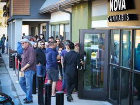 Line-ups are seen at Nova Cannabis on MacLeod Trail in Calgary on Friday, October 19, 2018.