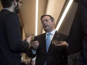 Jason Kenney, leader of the United Conservative Party in Alberta, speaks with a reporter at the Conservative national convention in Halifax on Saturday, August 25, 2018.