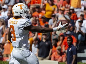 Tennessee running back Ty Chandler (8) runs in a 42-yard pass for a touchdown against Auburn during the first half of an NCAA college football game, Saturday, Oct. 13, 2018, in Auburn, Ala.