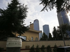 A view of Saudi Arabia's consulate in Istanbul, Saturday, Oct. 20, 2018. Turkey will "never allow a cover-up" of the killing of Saudi journalist Jamal Khashoggi in Saudi Arabia's consulate in Istanbul, a senior official in Turkey's ruling party said Saturday after Saudi Arabia announced hours earlier that the writer died during a "fistfight" in its consulate.