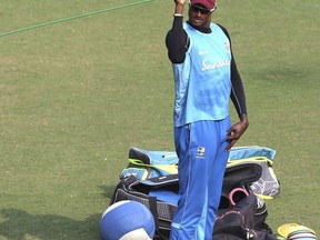 West Indies cricket player Shimron Hetmyer bowls during a training ahead of the first one-day international cricket match against India in Gauhati, India, Saturday, Oct. 20, 2018.