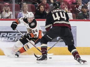 Anaheim Ducks' Sam Steel (34) controls the puck against the Arizona Coyotes' Kevin Connauton during the first period of an NHL hockey game Saturday, Oct. 6, 2018, in Glendale, Ariz.