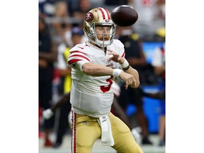 San Francisco 49ers quarterback C.J. Beathard (3) throws against the Arizona Cardinals during the first half of an NFL football game, Sunday, Oct. 28, 2018, in Glendale, Ariz.