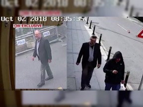 On the left, Jamal Khashoggi before he entered the consulate. On the right, a man seen wearing the clothes Khashoggi wore before entering the consulate.