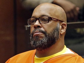 FILE - In this July 7, 2015, file photo, Marion Hugh "Suge" Knight sits for a hearing in his murder case in Superior Court in Los Angeles. Former rap mogul Knight is expected to be sentenced to nearly three decades in prison in a Los Angeles court. The hearing Thursday, Oct. 4, 2018, for the 53-year-old Death Row Records co-founder comes almost four years after Knight killed one man and injured another with his truck outside a Compton burger stand.