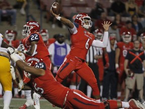 Fresno State quarterback Marcus McMaryion throws a pass against Wyoming during the first half of an NCAA college football game in Fresno, Calif., Saturday, Oct. 13, 2018.