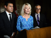 Conservative House Leader Candice Bergen, flanked by Conservative MPs Alain Rayes and Tony Clement, speaks to reporters on Parliament Hill, Oct. 3, 2018.