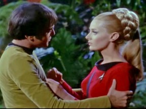 In a 1967 Star Trek episode, Chekov (Walter Koening) falls in love with Yeoman Martha Landon (Celeste Yarnall)  in the USS Enterprise.