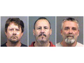 FILE - This combination of Oct. 14, 2016, file booking photos provided by the Sedgwick County Sheriff's Office in Wichita, Kan., shows from left, Patrick Stein, Curtis Allen and Gavin Wright, three members of a Kansas militia group who were charged with plotting to bomb an apartment building filled with Somali immigrants in Garden City, Kan. Attorneys for the three men have asked the court to take into account what they called President Donald Trump's violent rhetoric as it considers sentencing in November 2018. (Sedgwick County Sheriff's Office via AP, File)