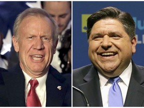 This combination of March 20, 2018, file photos shows Illinois Republican Gov. Bruce Rauner, left, and J.B. Pritzker, his Democratic challenger in the November election. Rauner and Pritzker will face off in their first two-way debate of the Illinois governor's race Wednesday, Oct. 3, 2018 (AP Photo/File)